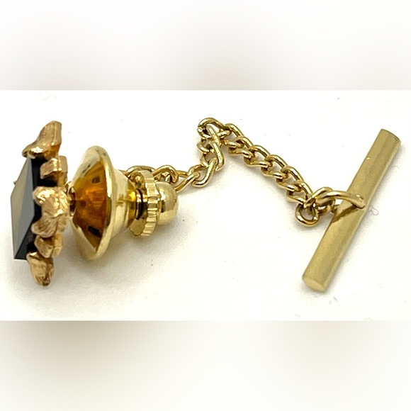 Vintage Gold Tone Banded black onyx & tiger eye stones. Tie Tack - Picture 2 of 8
